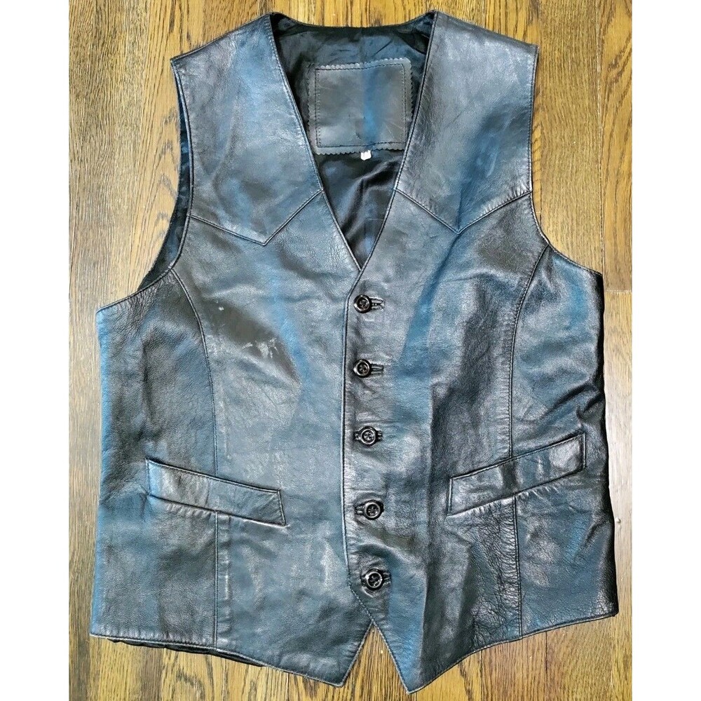 Sheepskin Leather Vest Men's Medium Black Biker Motorcycle Cowboy Ranch Lining